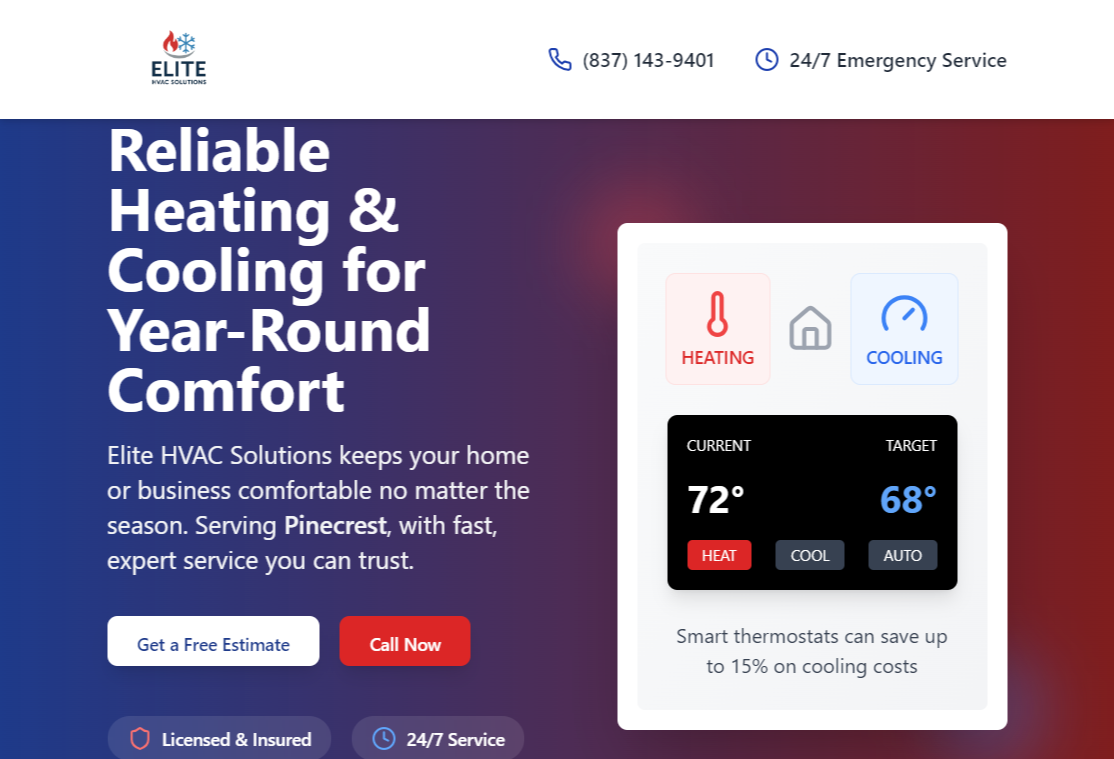 Elite HVAC Solutions redesigned homepage featuring a modern, conversion-focused design with clear CTAs and service information
